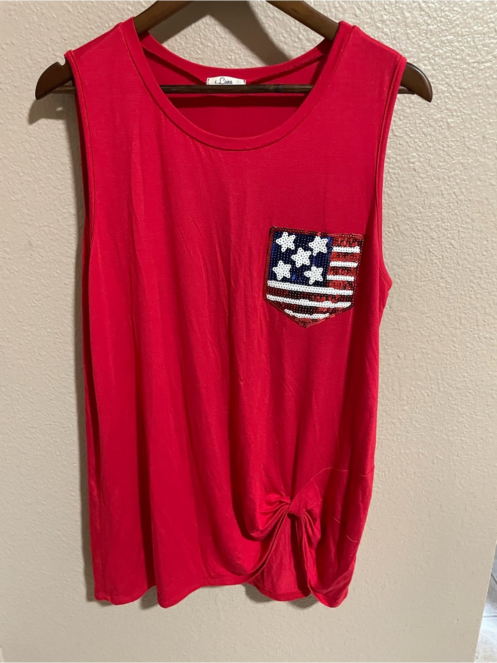 Red Sleeveless Tank with Sequin Flag Pocket and Knot Detail